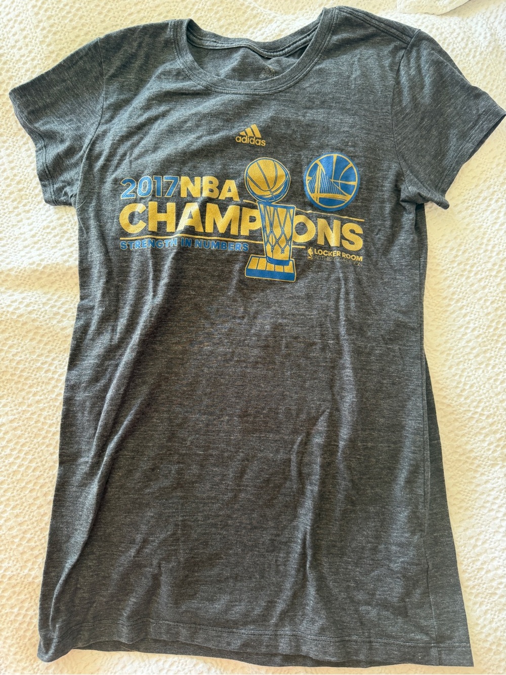 Adidas Dark Heather Gray 2017 NBA Champions Tee with Gold and Blue Graphic